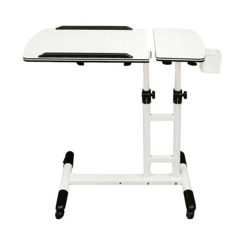 Mobile Standing Desk Adjustable Height, Rolling Laptop Desk with Tilting Desktop, Portable Overbed Table on Wheels, Small Computer Writing Desk for Home Office, Bedside, Sofa, Side Table, White