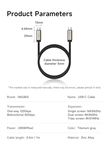 Hagibis TBT5 Cable (Intel Certified), 120Gbps Data Transfer, 240W Fast Charging, 16K@60Hz Display USB-C Cable, for Thunderbolt 5/4/3, USB4, iPhone 17/16/15, MacBook, Laptops (Titanium, 1.6ft)