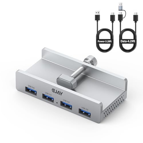 EJAY Clamp USB 3.0 Hub for Desk & Monitor, 4-Port 5Gbps High-Speed Under Desk USB Hub with 59in Extra Long Data Cable, Aluminum Multi Port Splitter for PC, Mac, Laptop, Silver - color: Silver