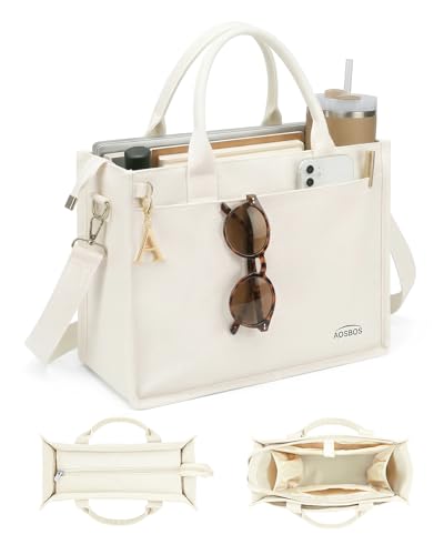 Canvas Tote Bag for Women With Zipper,14" Laptop Tote Bag for Work | Water Bottle Pocket,Padded Laptop Sleeve,Inner Key Leash,Premium Metal Hardware,Structured Canvas - color: Oat Beige