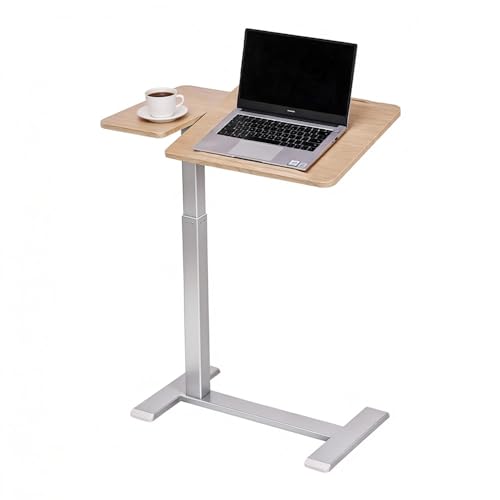 Pneumatic Overbed Table with Wheels, Height Adjustable Bedside Table with Ultra-Low Base for Hospital & Home, Rolling Laptop Cart with Beige Finish - color: Beige