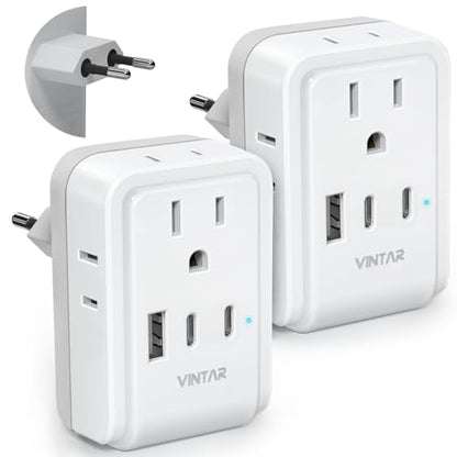 VINTAR 2 Pack European Travel Plug Adapter, Type C International Power Plug | 4 AC Outlets 3 USB Ports(2 USB C), Travel Essentials Charger for US to Most of Europe EU Italy Spain France Germany Iceland - style: 17W-Type C Most of Europe - 1A2C/ 2 Pack