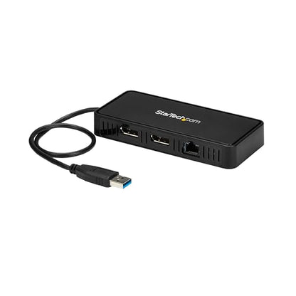 StarTech USB-A DisplayLink Dual 4K 60Hz DP Mini Dock, GbE, TAA (USBA2DPGB) | USB 3.0 mini docking station, DisplayLink, Gigabit Ethernet port, 1ft 30cm cable, Laptop adapter, Portable