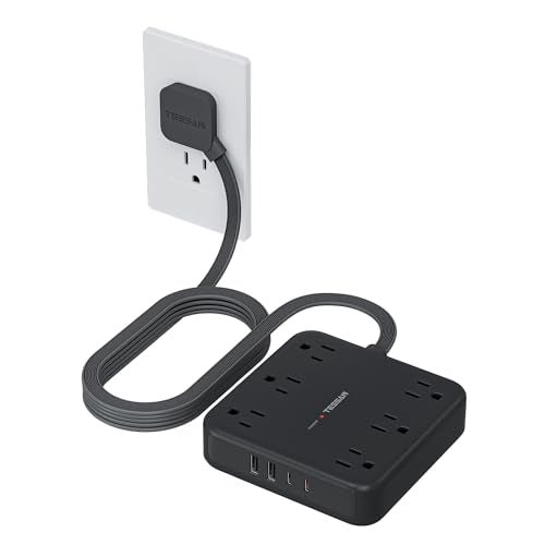TESSAN 10Ft Black Extension Cord with Multiple Outlets, Flat Plug | 2100 Joules Surge Protector Power Strip, 6 Outlets and 4 USB Ports (2 USB C), Outlet Extender for Home, Office, Dorm - color: Black, size: 10 FT