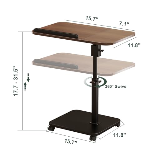 Adjustable Height C Shaped End Table with Wheels,360°Swivel Side Table, Top Tilting Laptop Stand TV Table for Sofa/Bed, Couch Tables that Slide under, Rolling Coffee Table for Living Room (walnut)