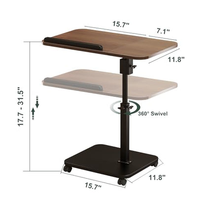 Adjustable Height C Shaped End Table with Wheels,360°Swivel Side Table, Top Tilting Laptop Stand TV Table for Sofa/Bed, Couch Tables that Slide under, Rolling Coffee Table for Living Room (walnut)