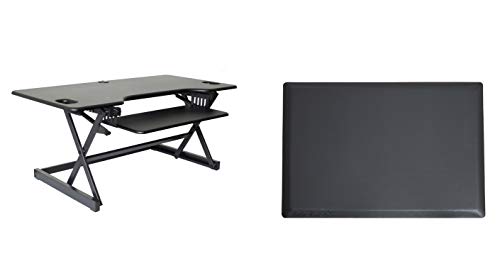 Rocelco 46" Large Height Adjustable Standing Desk Converter with Anti Fatigue Mat BUNDLE - Quick Sit Stand Up Triple Monitor Riser - Retractable Keyboard Tray - Black (R DADRB-46-MAFM) - color: Black, size: 46", style: Riser+Floor Mat