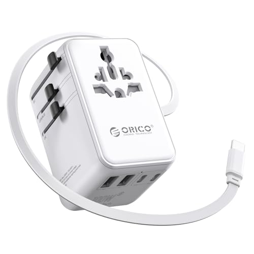 ORICO Universal Travel Adapter 100W GaN International Power Adapter | 7 in 1 (2 AC, 3 USB-C, 2 USB-A) European Travel Plug Adapter, Built-in Retractable USB-C Cable for Eu UK AU 200+ Countries - color: White, size: 100W