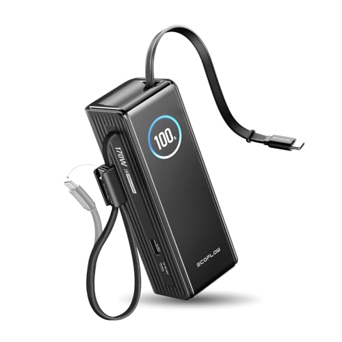EF ECOFLOW Laptop Power Bank, 25000mAh Rapid Portable Charger, Triple 100W USB-C Ports, Built-in Retractable Cables, Fast Charging for iPhone 17/16 Series, MacBook, Samsung and More - color: Black