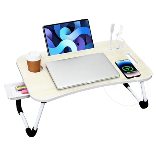 Portable Bed Desk, Foldable Laptop Desk with 4 USB Charge Port/Cup Holder/Tablet Slot/Storage Drawer, Folding Lap Table for Working, Writing, Drawing and Eating (White) - color: White