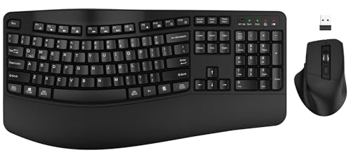 Wireless Keyboard and Mouse Combo, EDJO 2.4G Full-Sized Wave Keys Ergonomic Keyboard and Wireless Optical Mouse, Energy-Saving Wireless Mouse Keyboard for Computer, Mac, Laptop, PC, Windows(Black)