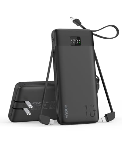 Portable Charger 10000mAh Power Bank w/Built-in 3 Cables & AC Wall Plug | 22.5W Fast Charging, Pass Through Charging, 0.68in Ultra Slim, TSA Approved, Travel Essential for iPhone/Samsung/iPad, Black - color: Black