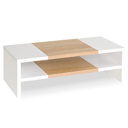 TEAMIX 20 inch Monitor Riser Stand - 2 Tiers, Wood Morden Desktop Bookshelf | Laptop/PC/Printer/Keyboard Storage, Ergonomic Design, 15mm thick Sturdy Wood Boards, TV Stand, Home Office Desk Accessories - color: White+Maple, size: 20 x 9.5 x 6.7 inches