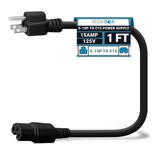 IronBox Electric - Heavy-Duty 5-15P to C15 Power Supply Cable - 15A 125V, 14/3 SJT Cord - Male End 5-15 Plug/Female End C15 Connector - UL Listed PC Power Cord - (Black,1 Foot) - color: Black, size: 1 ft
