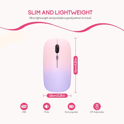 LED Wireless Mouse, Slim Silent Dual-Mode 2.4G+BT Rechargable 7-Color Portable Mobile Optical Office Mouse with USB Receiver, 3 Adjustable Levels for Notebook,PC,Computer, MacBook-Gradient pink purple - color: Gradient pink purple