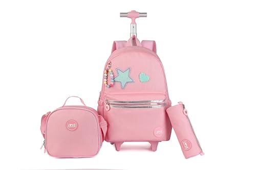 Rolling travel Laptop Backpack for school Teens Girls (STAR HEART PINK) - color: Star Heart Pink