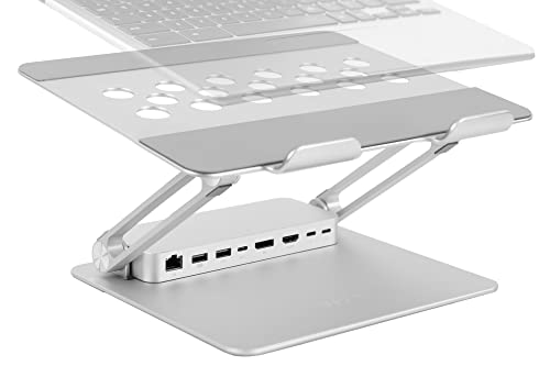VIVO Universal 11 x 9 inch Height Adjustable Ergonomic Laptop Riser Docking Station with USB-C, USB-A, HDMI 4K60, DP 4K60, PD, RJ45, Tabletop Desk Stand Power Hub, Silver, STAND-V000LD