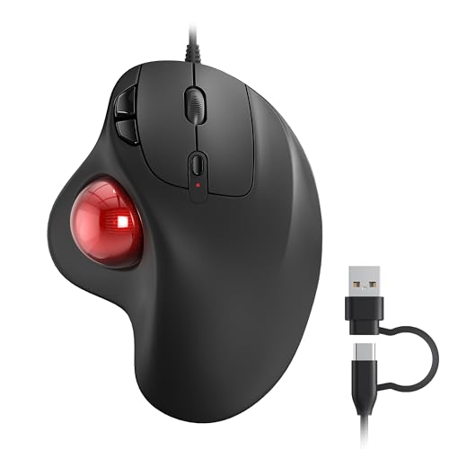 Nulea M509 Wired Trackball Mouse Ergonomic Thumb Control Type C USB | Smooth tracking mouse with Type C & USB connection, 5 DPI levels, 6 buttons, compatible with PC Mac Windows - color: A-Red