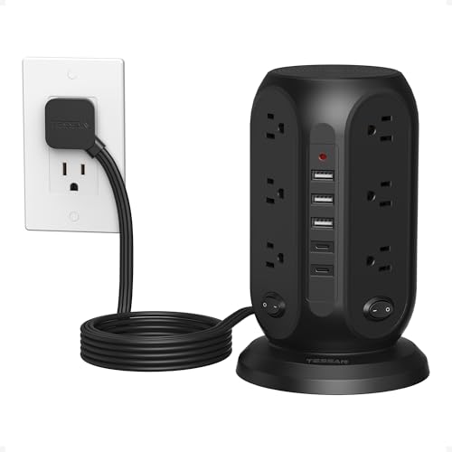 TESSAN Tower Power Strip Surge Protector, Flat Extension Cord 10 Ft,Black | Individual Switches with 12 Outlets, 5 USB Ports(2 USB C), Flat Plug, Charging Station for Multiple Devices, Office, Dorm - color: Black, size: 10 FT