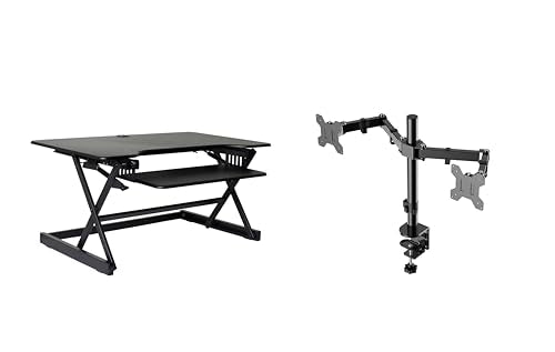 Rocelco 40" Large Height Adjustable Standing Desk Converter with Dual Monitor Mount BUNDLE - Quick Sit Stand Up Computer Workstation Riser - Retractable Keyboard Tray - Black (R DADRB-40-DM2) - color: Black, size: 40", style: Riser+Dual Mount