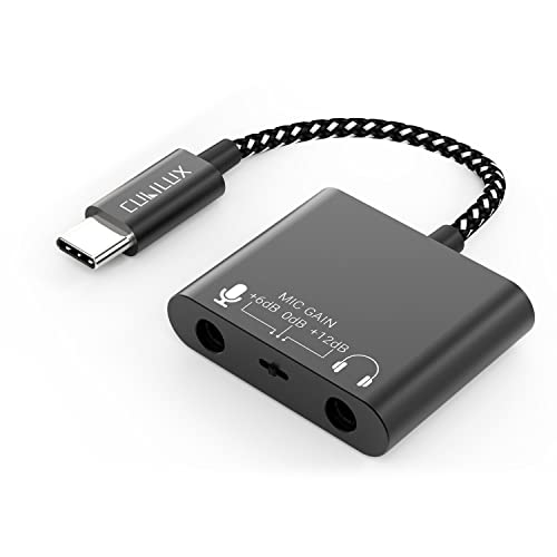 USB C Mic Splitter for Lav Microphone,TRS Headphone Mic with Mic Gain(Up to +12dB),Type C to 3.5mm Microphone Adapter Suitable for Recording-USB C Support Android,Ipad OS,Mac OS,Window etc - color: Black, size: USB C