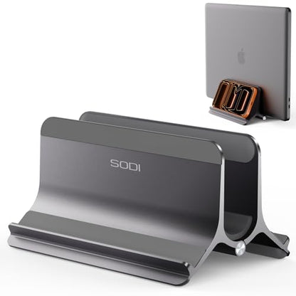 Vertical Laptop Stand for Desk, Aluminum Laptop Holder Compatible with MacBook Pro, MacBook Air Stand Up to 17 inch, Gravity Auto-Lock Cooling, 3in1 Space Saving Desk Organizer Accessories, Gray - color: Gray