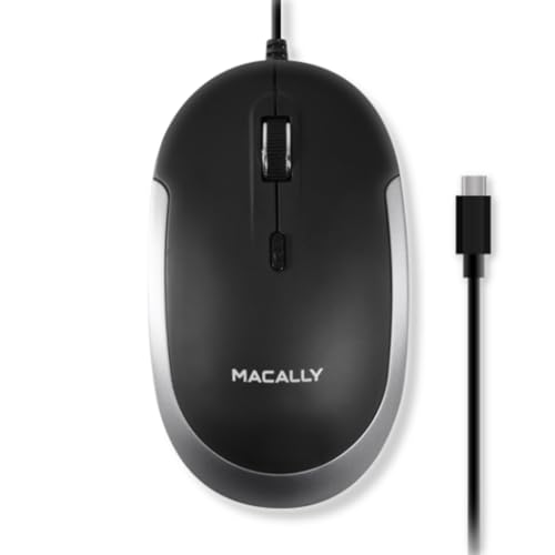 Macally USB Type C Mouse - Slim & Compact Design - USB C Mouse for MacBook Pro iMac PC etc. - Simple 3 Button & Scroll Wheel Layout with DPI Switch - Comfortable Plug & Play Apple Wired Mouse USBC - color: Black with Silver Trim