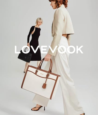 LOVEVOOK Laptop Tote Bag for Women, 15.6 inch Lightweight Canvas Office Work Bag Briefcase, Large Capacity Teacher Computer Bag Handbag for Travel Business,2pcs Set Canvas/Beige-Brown | PU Leather Business Briefcase Teacher Travel College Bag Handbag fit