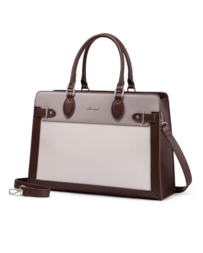LOVEVOOK Laptop Bag for Women, 15.6 Inch Large PU Leather Tote Bag, Professional Teacher Work Bag, Waterproof Business Computer Briefcase, Shoulder Tote Purse for Office - color: Coffee-light Purple-pinkish White, size: 15.6 Inch