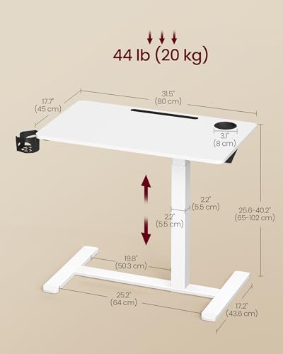 VASAGLE Overbed Table with Wheels, Mobile Standing Computer Desk, 31.5 x 17.7 Inches Tabletop, Adjustable Height, 2 Cup Holders, Phone and Tablet Slot, Cloud White ULSD601W01 - size: 31.5"W x 17.7"D