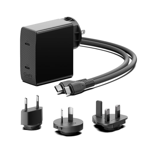 HKY 140W USB-C Charger Block 28V 5A PD3.1 Dual Port GaN Power Adapter for MacBook Pro Air Neo/iPad/Docking Station/Laptops/Tablets/Phones/Game Consoles Fast Charger with US/UK/EU/AU Travel Adapter
