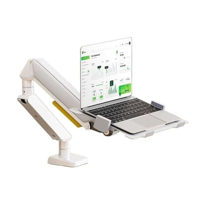 Monitor Stand, Laptop Mount with Adjustable Tray for 10-17”Notebook, Full Motion Gas Spring Mount Arm for 17-32”Monitor (Within 4.4~22.0lbs), C-Clamp and Grommet Base Monitor arm adjustable(White)