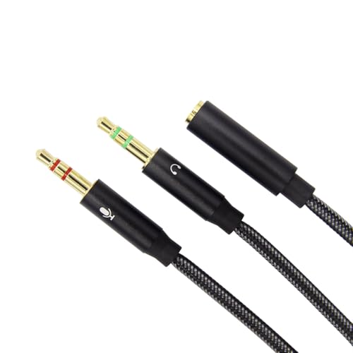 REXUS Headphone Combiner for Computer 2 Dual 3.5mm Male to 3.5mm Female 1 feet Braided Audio Splitter Cable Microphone Stereo Jack Earphones Port Cord Gaming Headset to PC Laptop Adapter Black - color: Black