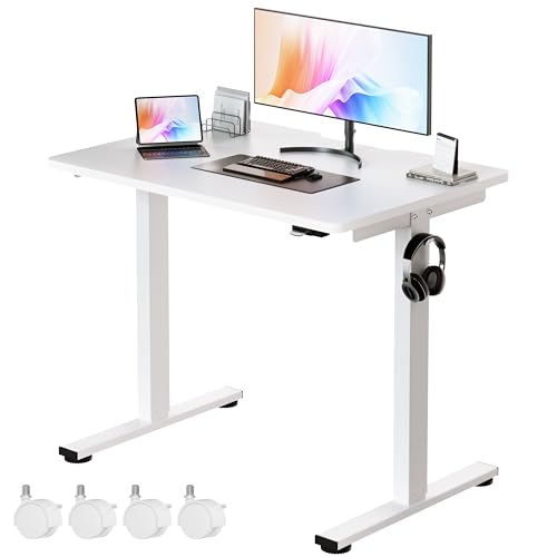 Okin Small Electric Standing Desk, 36" x 24" Whole Piece Height Adjustable Desk, White Sit to Stand Computer Workstation with Wheels for Home Office - color: White+casters, size: 36 Inch