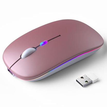 KANMABPC Wireless Bluetooth Mouse – Rechargeable, Silent, Dual Mode (Bluetooth 5.2 & USB) with LED Lights – Portable for Laptop, Desktop, & Tablet(Rose Gold) - color: Rose Gold