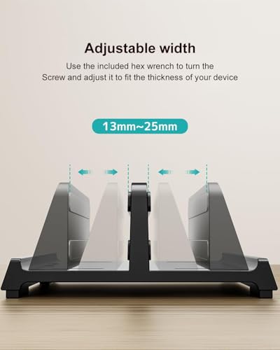 Vertical Laptop Stand for Desk, Dual Slots Plastic Laptop Holder with Space Saving 4-in-1 Design, Adjustable Width Supports MacBook, Chromebook, Surface, Dell (Black) - color: Black