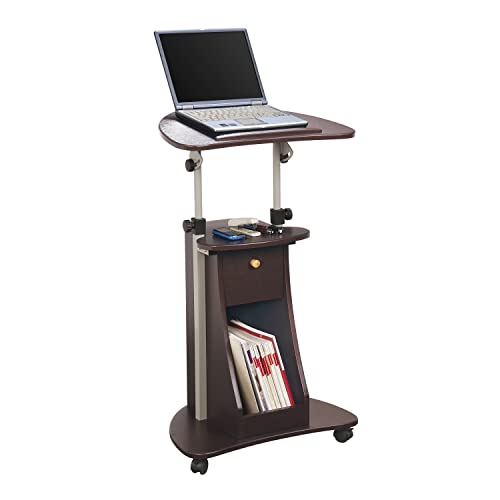 Techni Mobili Sit-to-Stand Rolling Adjustable Storage Medical Laptop Computer Cart, Chocolate, B005 | Adjustable height rolling laptop cart with storage, open shelf, wheels, sit‑to‑stand ideal for podium office medical use - color: Chocolate