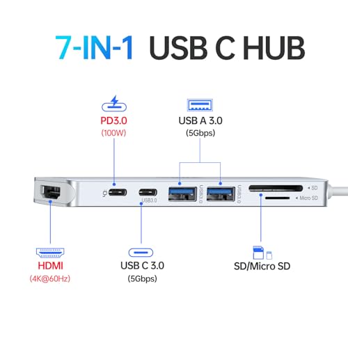 USB C Hub HDMI Adapter for MacBook Pro/Air, 7 in 1 USBC Dongle with HDMI, microSD/SD Card Reader, USB C Data Port,100W PD, and 2 USB 3.0 Compatible for MacBook Pro/Air, Dell XPS, Lenovo Thinkpad. - color: Silver
