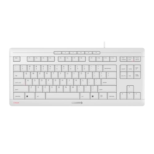 Cherry Stream Keyboard TKL, Wired Keyboard Without Number Pad, Whisper Quiet Keys, Unique Typing Feel, Slim Design, SX Scissor Switches, QWERTY, White-Gray - color: White, size: Compact