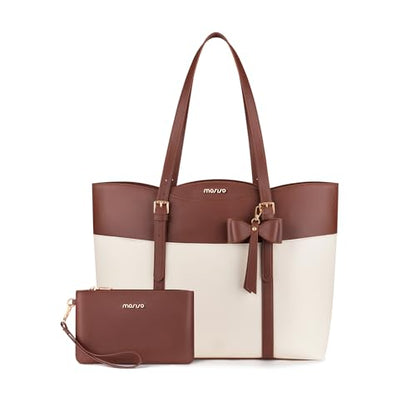 MOSISO Laptop Tote Bag for Women, 15.6 inch PU Leather Large Tote Bag | Large Capacity Work Handbag with Bowknot&Arc-shaped Pocket,Waterproof Computer Bags Work Briefcase for Business Office, Brown