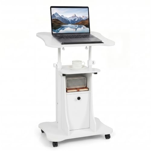 Giantex Mobile Podium Stand, Sit-to-Stand Laptop Cart with Tilting Tabletop & Storage Cabinet, Lockable Casters, Height-Adjustable Rolling Lectern for Classroom, Church, Home Office (White) - color: White
