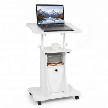 Giantex Mobile Podium Stand, Sit-to-Stand Laptop Cart with Tilting Tabletop & Storage Cabinet, Lockable Casters, Height-Adjustable Rolling Lectern for Classroom, Church, Home Office (White) - color: White