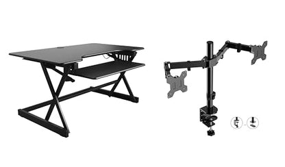 Rocelco 40" Height Adjustable Standing Desk Converter with AC Outlet USB Charger and Dual Monitor Arm Mount - Sit Stand Up Tabletop Riser - Sliding Keyboard Tray - Black (R DADRB-40-ACUSB-DM2) - color: Black Acusb, size: 40", style: Riser+Dual Mount