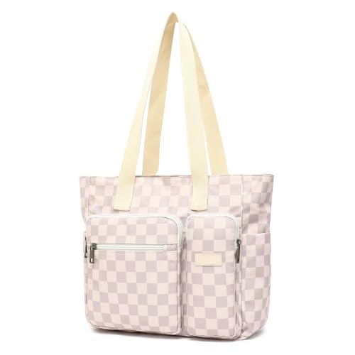 Women Tote Bag With Muti-Pockets,Lightweight Shoulder Bag,Large Capacity Handbag for Travel, Work, Gym - color: Lavender Grey Checkered