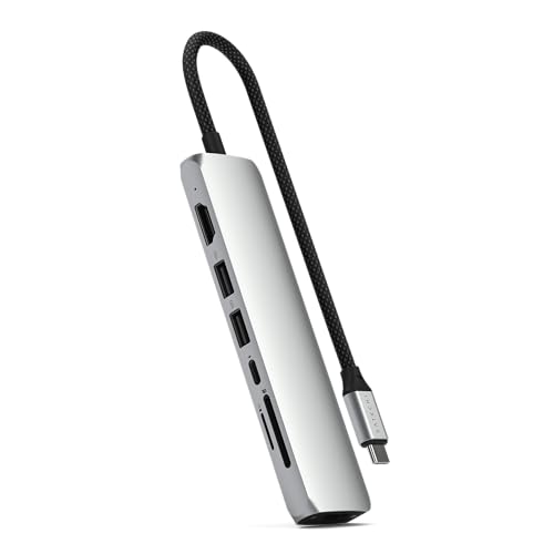 Satechi 7 in 1 USB C Hub Multiport Adapter with Ethernet, HDMI 4K@60Hz, 100W PD Charging, 2X USB-A Data Ports, Micro/SD Card Readers for MacBook Air/Pro/Neo, iPad Air/Pro, Windows - Silver - color: Silver - Slim PLUS