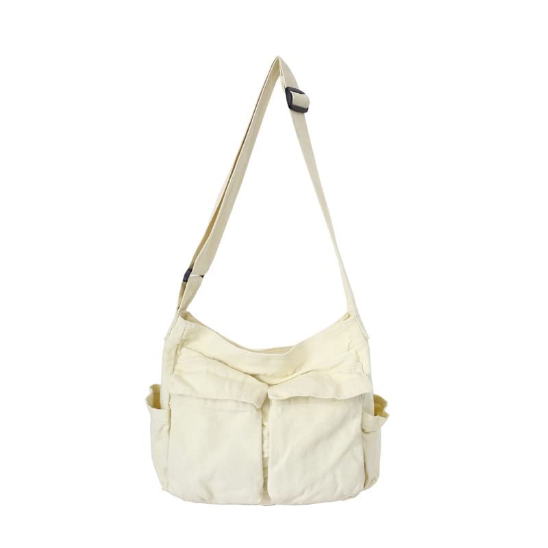 Canvas Messenger Bag Large Crossbody Bag with Multiple Pockets Canvas Shoulder Tote Bag for Women and Men - color: White