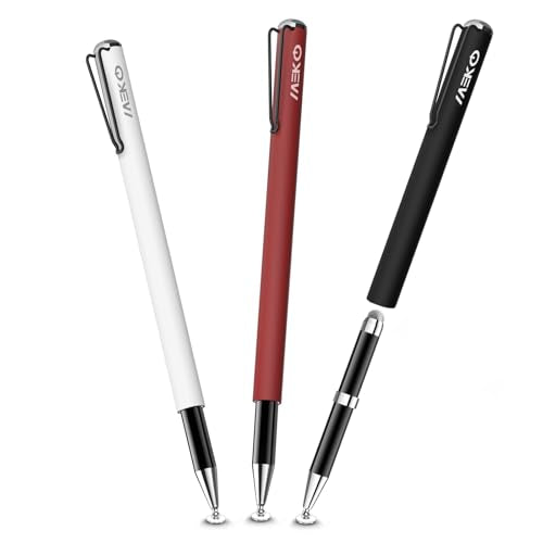 MEKO Stylus Pens for Touchscreens, 2 in 1 Capacitive Stylus | 3 Pack Thin Rubber Tip, High Sensitivity, Compatible with iPad iPhone Android All Touchscreen Devices - color: red/white/black