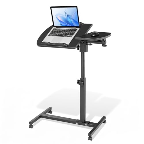Magshion Tilting Overbed Bedside Table with Wheels, Rolling Laptop Desk with Mouse Table & Height Adjustment from 24" to 36", Sit to Stand Up, Mobile Standing Desk for Hospital Home Office, Black - color: Black Frame, size: Split Desktop