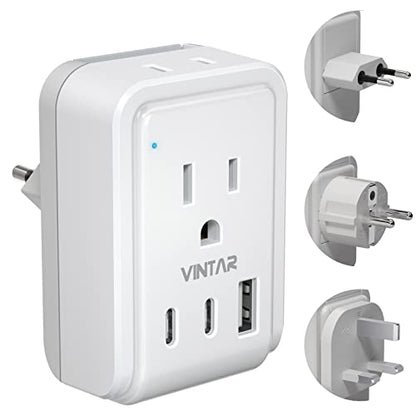 European Travel Plug Adapter Kit, VINTAR International Plug Adapter with 3 USB Ports (2 USB C,3.4A) 2 American Outlets, Type C,G,E/F Detachable Attachments, Adapter for US to UK Europe France Italy - style: 17W Type C/G/E/F - All Europe
