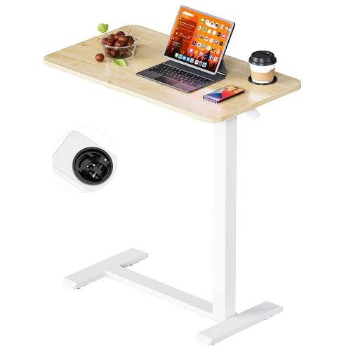 BIZUM Adjustable Bedside Table with Swivel Hidden Wheels Pneumatic Rolling Desk Mobile Standing Desk with Cup Holder for Hospital Home(31.5"x15.8" Maple) - color: Maple, size: 31.5"x15.8"